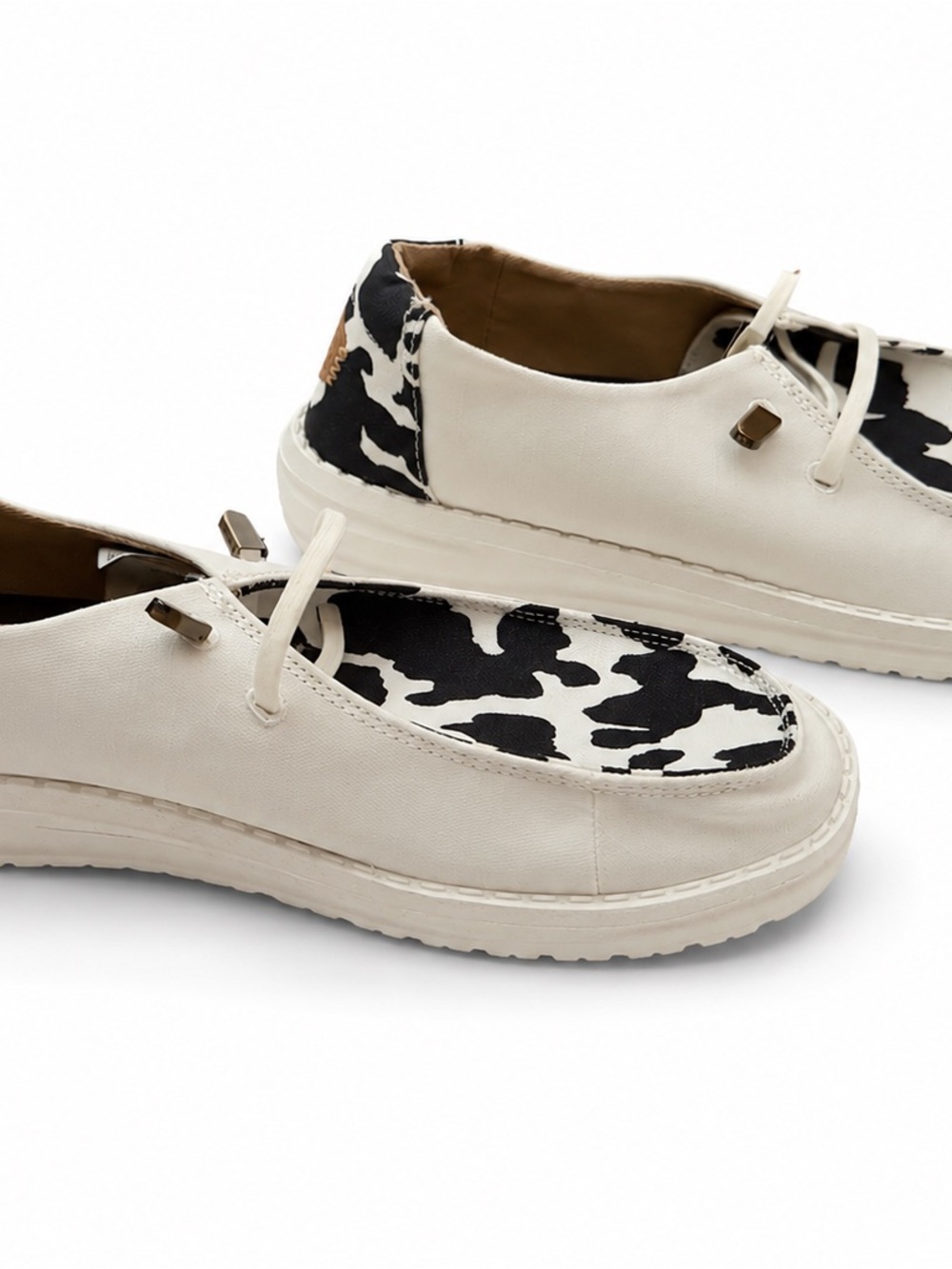 Hey Dude White Shoes with Black Cow-Print Vamp - Picture 3 of 4